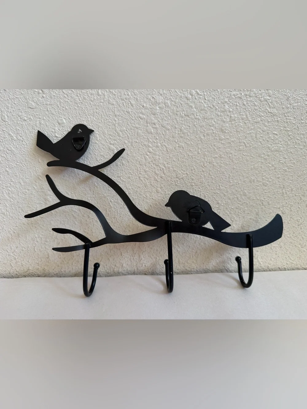 Black Metal Bird & Branch Wall Rack 3 Hooks Key Holder Rustic Nature Decor 8